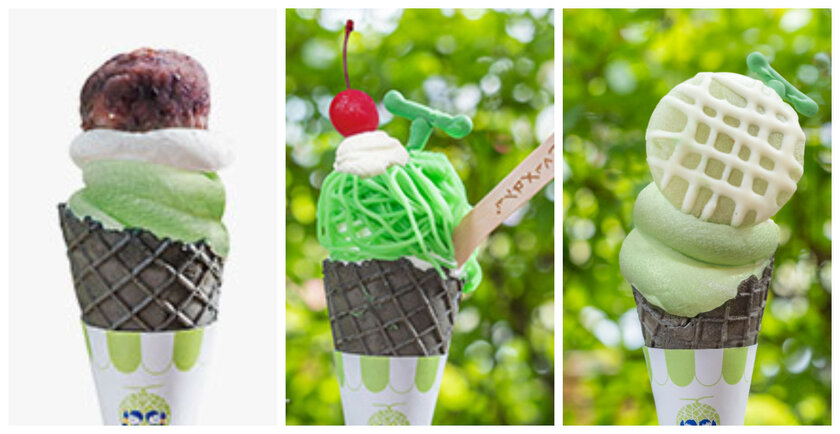 左から)ぼたもちソフト/メロメロモンブランソフト/茨城メロンソフト